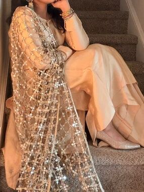 Custom made Pakistani sisha silk long kamiz and plazzo pant with kareena dupatta